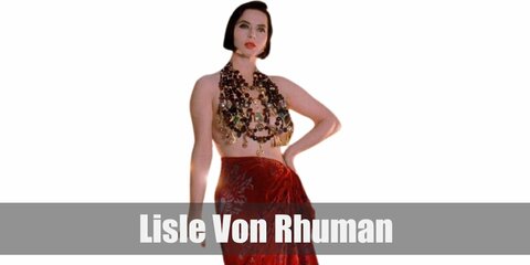 Lisle Von Rhuman / Isabella Rossellini’s costume is multiple layers of beaded necklaces, a red velvet sarong, and strappy black stilettos for her part in Death Becomes Her.