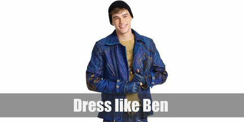 Ben costume is a rustic yellow T-shirt topped with a royal blue leather jacket, a black beanie hat, blue rustic pants, a dark blue belt, and dark blue sneakers.