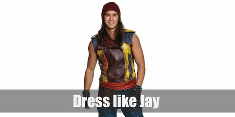Jay costume is a red leather vest with a touch of yellow and blue, blue pants, black finger-less gloves, dark red beanie hat, a red fabric belt, and black  combat boots.