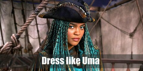 Uma costume is a blue pirate jacket, a blue dress, black finger-less gloves, black boots. Her accessories include a pirate hat, a gold necklace, a pirate belt, and blue bracelets.