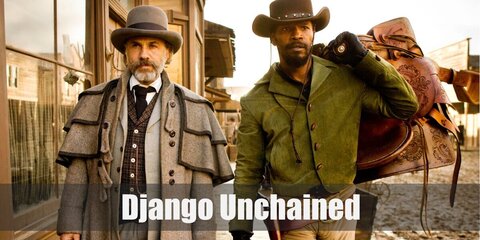  Django Unchained’s costume is a green corduroy jacket, khaki pants, brown boots, a brown cowboy hat, black gloves, and a holster belt with gun.
