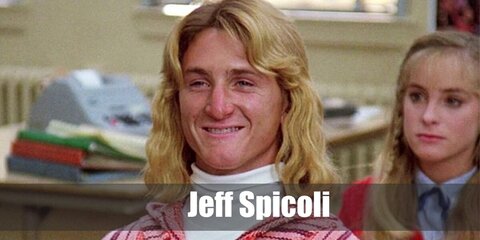  Jeff Spicoli’s costume is a short-sleeved white turtleneck T-shirt, a hippie surf baja hoodie, ripped stretch blue denim pants, classic Vans slip-on shoes, and light blonde 80s long curly hair.