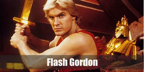 Flash Gordon costume is red and black tank tops then pairing it with black pants. You can add his emblem on the chest with a sticker drawing and throw in a belt with a gold buckle, too. Finish the look with boots, a blonde wig, and a sword.