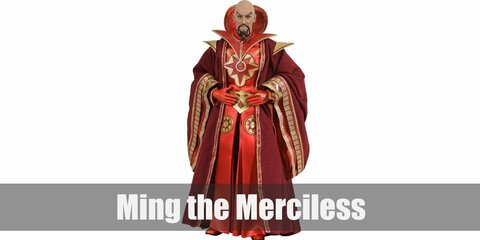  Ming the Merciless’ costume is a red tunic, red pants, a red robe with ornate gold details, a Chinese-style beard and mustache, and a few gold rings.