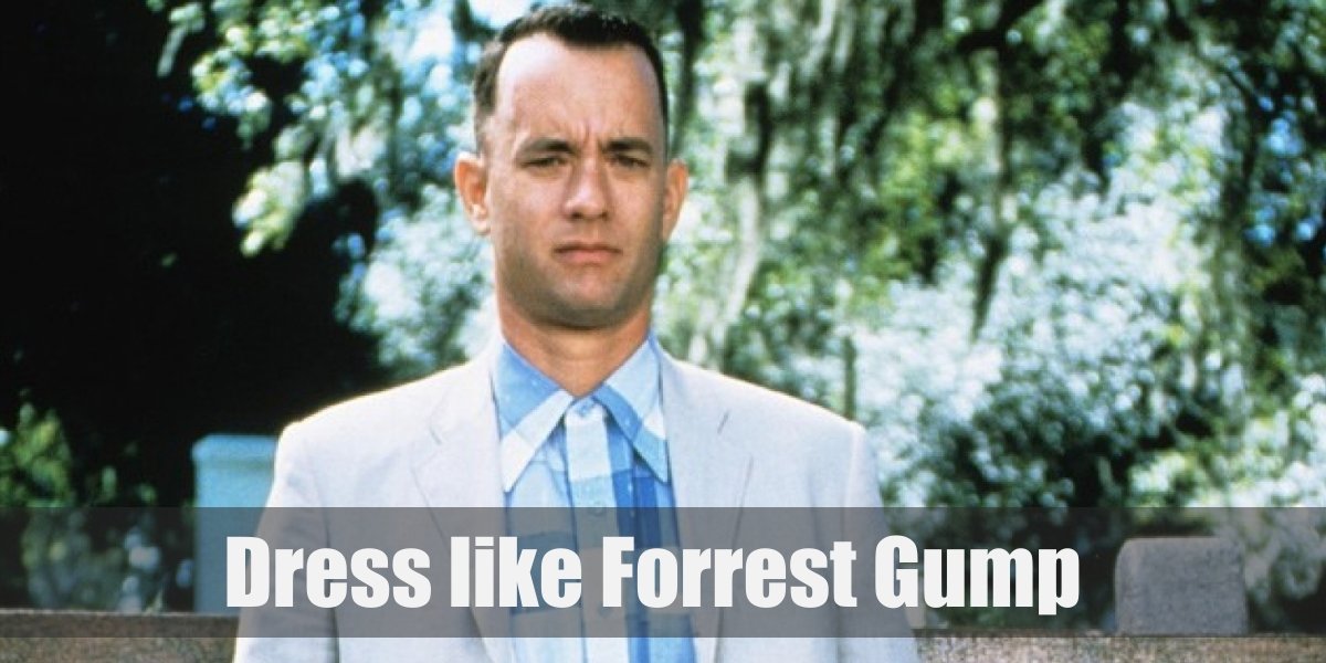 Forrest Gump costume is a blue plaid shirt with short sleeves, a light gray...