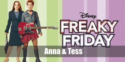  Anna and Tess’s costumes are a gray crewneck shirt, a two-piece long-sleeve business suit and skirt, black high-heeled office shoes, and a pearl choker necklace for Anna; and a blue cropped denim jacket, a red plaid punk goth skirt, knee-high black punk boots, and a leather black punk choker for Tess.