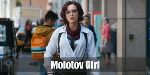 Molotov Girl costume is a corset under a white shirt and suspenders. For the pants, get a dark brown pair and style it wit a gun holster and boots. Complete the costume with figerless gloves, a neckerchief, a brown wig, and a pair of eyeglasses.