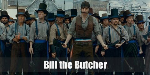 Bill the Butcher's costume features a quarter-sleeve top under a brown vest. He has dark pants and wears a pair of boots. Complete his outfit by wearing a top hat and carrying a toy butcher knife, too!