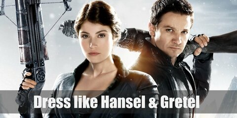 Hansel wears a long black leather jacket on top of a period shirt, dark leather pants, and dark leather boots. While Gretel wears a black leather jacket over her corset, dark skinny leather pants, and dark brown boots.