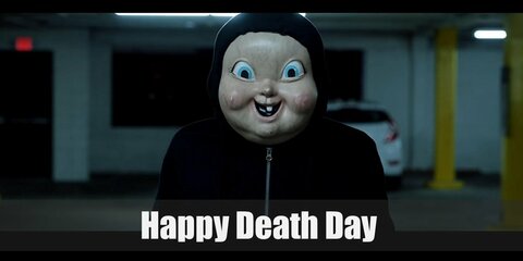 Happy Death Day’s killer costume is simple clothes like a black hoodie, black pants, and black sneakers with baby face mask.