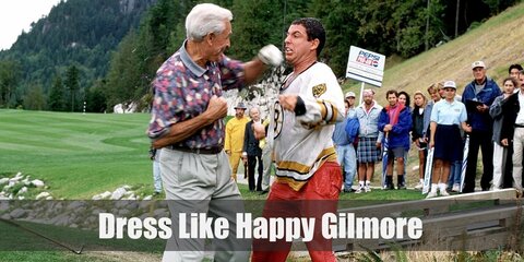 Happy Gilmore wears a rust-colored flannel above his t-shirt, a pair of loose jogging pants, and rubber shoes. Here is everything you need to look like Happy Gilmore.