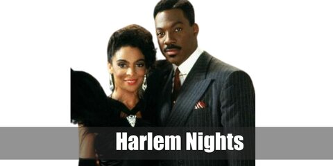 Harlem Nights (men and women) costumes are a long-sleeved white button-down shirt, a 3-piece gray pinstripe suit, black and white oxford shoes, a wine red necktie and pocket square, and a fedora gangster hat for the men; and a 1920s vintage black cocktail party dress, T-strap black dance shoes, a vintage headband, black lace gloves, a flapper necklace, earrings, and a white feather boa for women.
