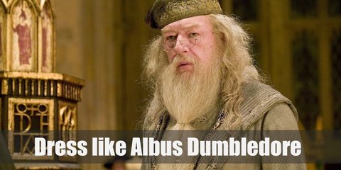Dumbledore wears a long tunic with long sleeves, a matching hat, shoes, and some rings as accessory. He also has a long white beard and hair, and carries a wand as prop.