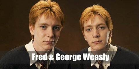  Fred and George’s costume is a short-sleeved white button-down shirt, black pants, black leather work shoes, a red and gold Gryffindor tie, and a wool knit V-neck black long-sleeve sweater.