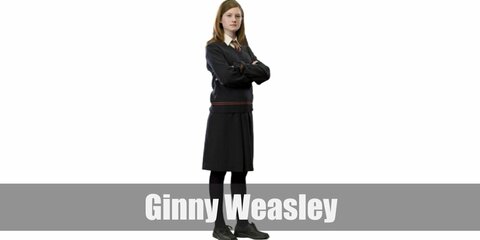  Ginny Weasley’s costume is a white button-down shirt, a grey sweater, black skirt, black stockings, black shoes, her red Gryffindor tie, and a headband.