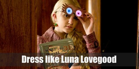 Luna lovegood costume is a pink cardigan paired with a black floral mini skirt, bright blue tights, and purple boots