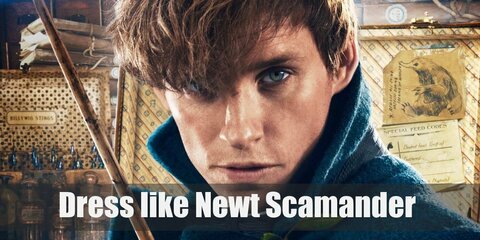  Newt Scamander’s costume is a mustard yellow vest, a purplish bow tie, a bright blue long coat, and black pants.