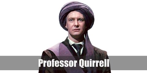  Professor Quirrell’s costume is a white dress shirt, an olive green necktie, a black waistcoat, a green blazer, green pants, a black robe, and a purple turban.