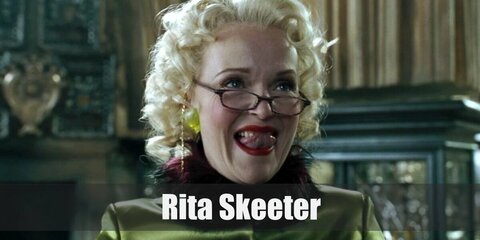 Rita Skeeter’s costume is a bright apple green long-sleeved, button-down top lined with purple fur, a bright apple green pencil skirt, fishnets, and thin red glasses.
