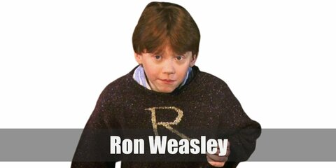  Ron Weasley’s costume is a white dress shirt, black pants, grey vest, and his Gryffindor uniform or sometimes, his Weasley sweater.