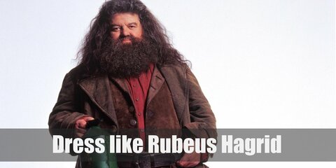 Hagrid costume is a brownish leather jacket on top of the regular shirt and topped with a long leather coat, and leather pants. He also likes to wear boots and big belt.
