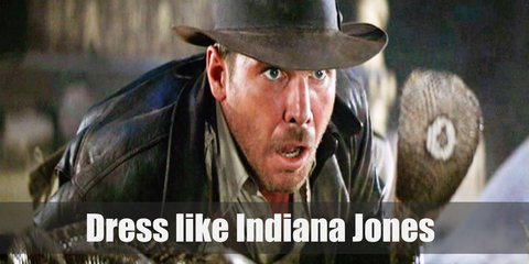  Indiana Jones costume is a beige button-down shirt, a pair of brown pants, a brown leather jacket, and black boots. He also brings a whip or sometimes a machete. 