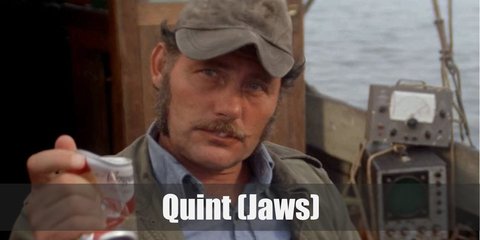 Quint costume is a light blue button-down top, black pants, black sneakers, a military green jacket, and cap. 