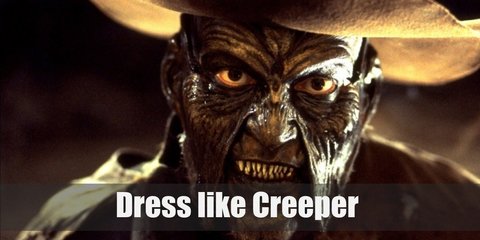 “Creeper from Jeepers Creepers costume is red shirt, brown coat, cowboy hat, boots and a creepy mask. For props carry wings and ax.”