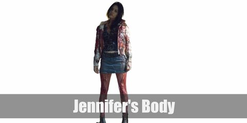 Jennifer Check’s costume is a blood-spattered outfit consisting of a dark top, a white puffer jacket, a denim skirt, and black boots.