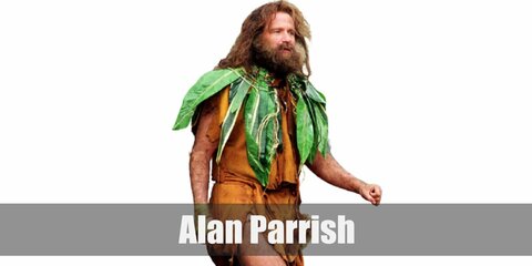 Alan Parrish’s costume is a brown caveman vest, a poncho and a hat made from leaves, brown shoes, and green bandages. Alan’s been stuck inside Jumanji for years.