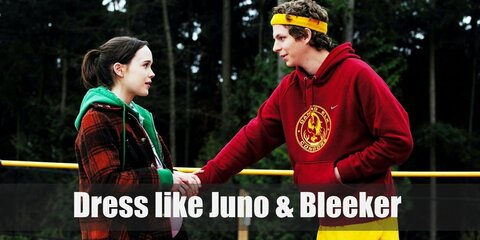 Juno wears an orange-striped shirt, a green min skirt, regular-fit denim pants, a green windbreaker, and rubber shoes. Bleeker wears his red track top, yellow shorts, knee-high white socks, and yellow armbands