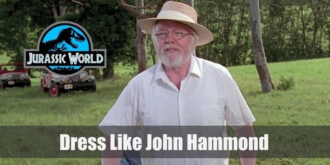 John Hammond signature modest outfit is a plain white shirt and pants with a straw hat, only his gold watch and rings that convey the man’s wealth