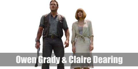 Owen Grady costume is a brown leather vest jacket on a blue rolled-up sleeve shirt with dark pants and brown leather boots match the vest. Claire Dearing’s costume is a lilac tank top, a white button-down shirt, a white midi skirt, and a short, auburn wig.