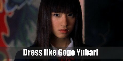 Gogo Yubari costume is a Japanese student uniform which includes a white buttoned down shirt with a red bow, a dark suit jacket, a plaid skirt, high socks and white sneakers.
