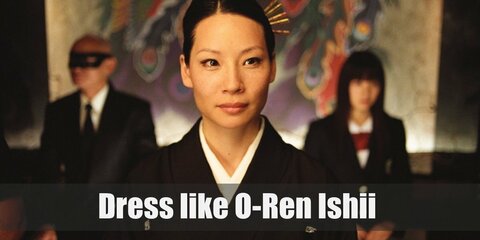 O-Ren Ishii simply wears the Japanese garment called 'Kimono' in white color and wooden flip-flops.