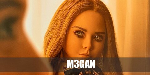  M3GAN’s costume is a brown dress layered over striped long sleeves with a pussy-bow scarf, footed white pantyhose stockings, and black Mary Jane shoes.
