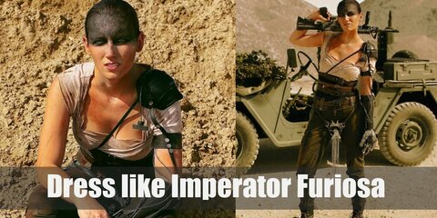 Furiosa costume is a tan short-sleeved blouse, a girdle, a leather belt, brown trousers, black motorcycle boots, and an iconic shoulder pad.