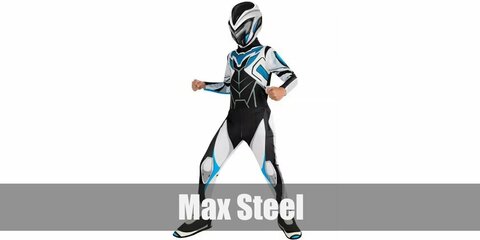  Max Steel’s costume is you will need a black bodysuit, EVA foam, templates, metallic acrylic paint, a blue light up-sword, and motorcycle gloves.