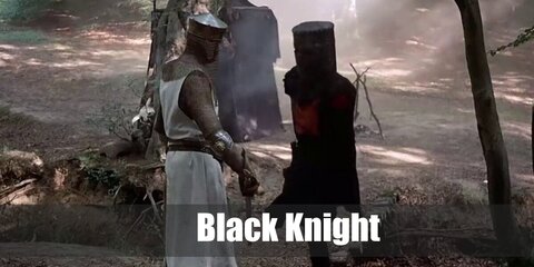  Black Knight’s costume is a long-sleeved black summer kurta, stretchy black athletic pants, leather black jazz boots, a black knight Monty Python T-shirt, a black medieval knight belt, medieval black leather gauntlet gloves, and a knight helmet.