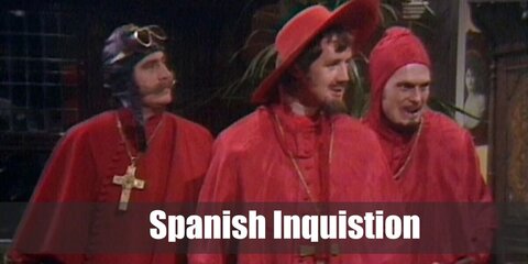  Spanish Inquisition’s costume is a red Cardinal gown, a capelet and sash, formal black oxford shoes, a wooden cross necklace, a wide brim red hat, and a pair of red leather gloves.