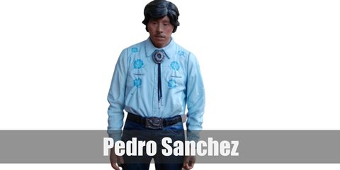 Pedro Sanchez costume is a light blue button-down shirt, denim pants, a blue bolo tie, and a fake mustache. 