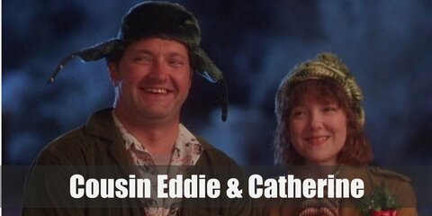 Cousin Eddie’s most memorable outfit was when he was cleaning outside with nothing but his fluffy bathrobe on. Catherine costume is khaki trench coat, brown pants, scarf & beanie.