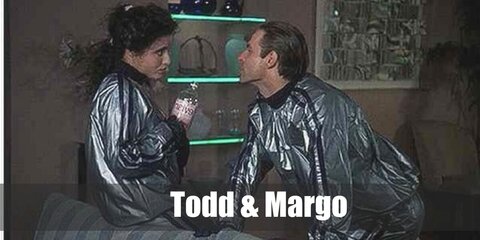  Todd and Margo’s costume is a silver sauna sweat suit, black running shoes, and black sports gloves.