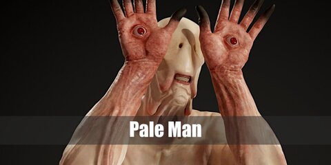  Pale Man’s costume is nude leggings, a nude top, a few layers of nude fabric, a white mask, and fake eyeballs.