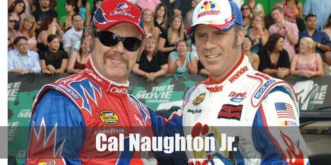  Cal Naughton Jr. costume is a blue, white, and red polo shirt, denim pants, a red Old Spice cap, a fake moustache, and gold accessories.