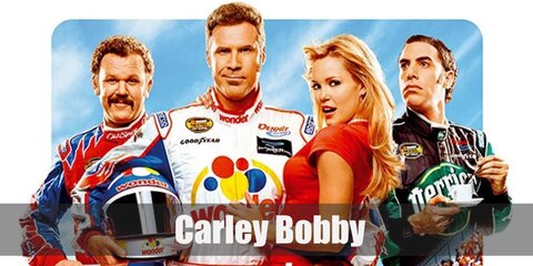  Carley Bobby’s costume is a race car jacket, sports sunglasses, a white crop top, white jeans, a gold rhinestone belt, and brown boots.