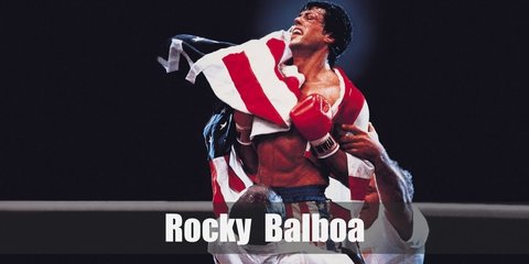 Rocky Balboa's costume involves a typical boxer gear such as boxing shorts, gloves, and an optional USA flag as props.