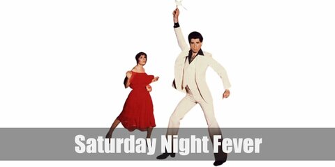  Saturday Night Fever’s costume is a black dress shirt, white three-piece suit with bell-bottom pants, a gold chain, and black dress shoes.