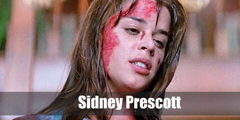 Sidney Prescott wears a tank top under her denim jacket and denim pants. She has brown hair, too.
