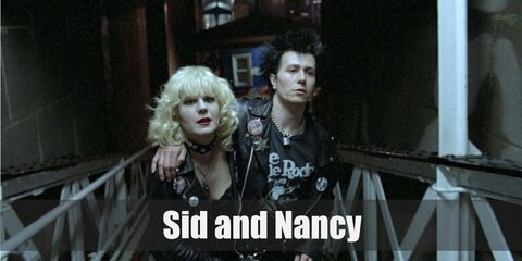 Sid’s costume is a black shirt, black leather pants, a black leather jacket, a silver chain necklace, and a spiky black wig. Nancy’s costume is a black corset, a black mini skirt, black tights, black heels, a black leather jacket, and a curly blonde wig. 